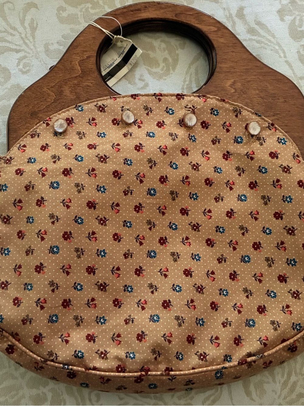 Burlington Bermuda Bag Wood Handles Calico & Tan Reversible Cover 4 Button